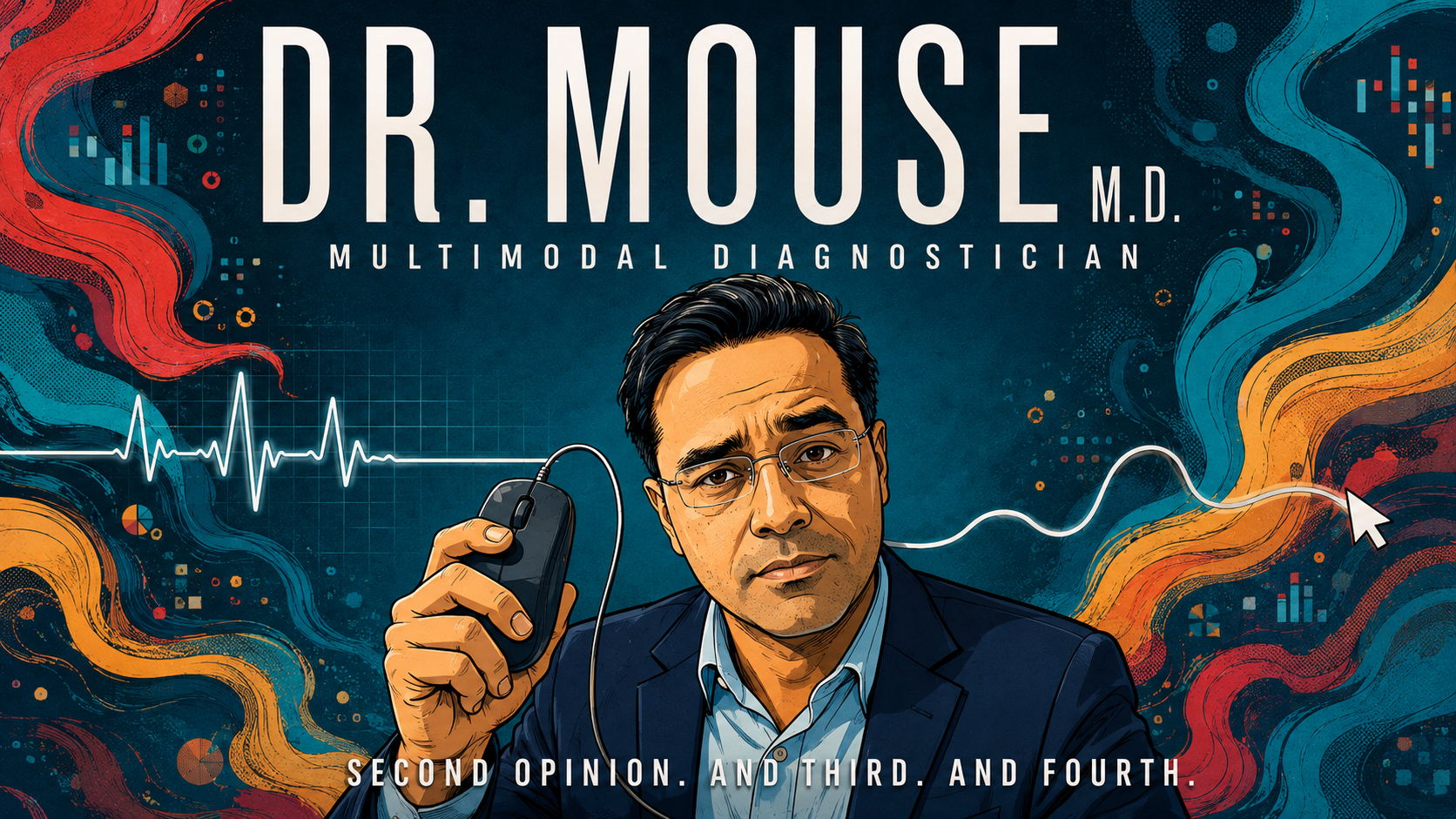 Mock medical-drama poster titled Dr. Mouse M.D., Multimodal Diagnostician, showing JJ holding a computer mouse, tagline 'Second opinion. And third. And fourth.'